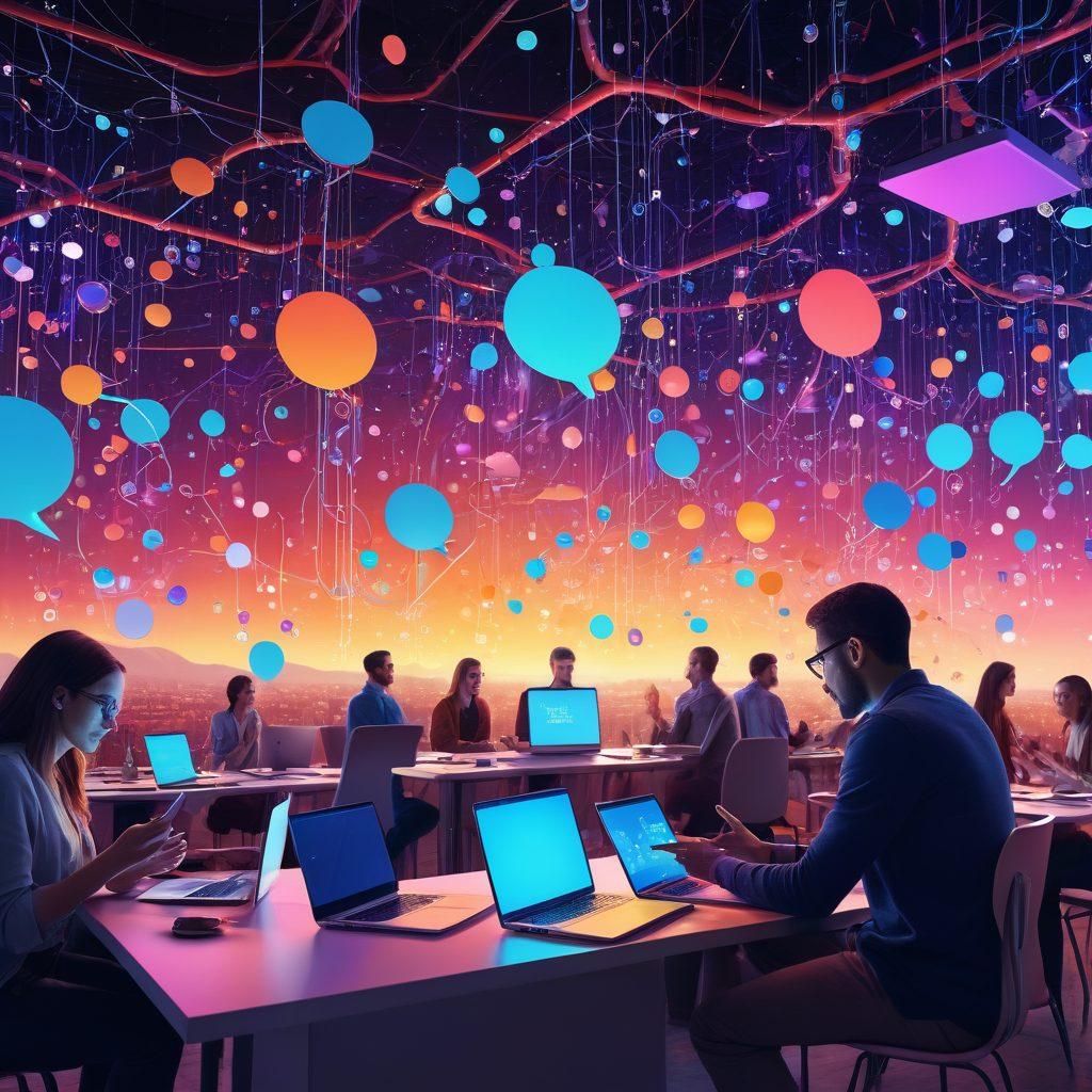 A dynamic digital landscape featuring diverse people engaging through various devices like smartphones and laptops, with interactive chat bubbles radiating ideas and strategies. Include elements representing technology such as circuits and data streams flowing between users, symbolizing connection and communication. Use vibrant colors to enhance the sense of energy and interaction. 3D style. vibrant colors.
