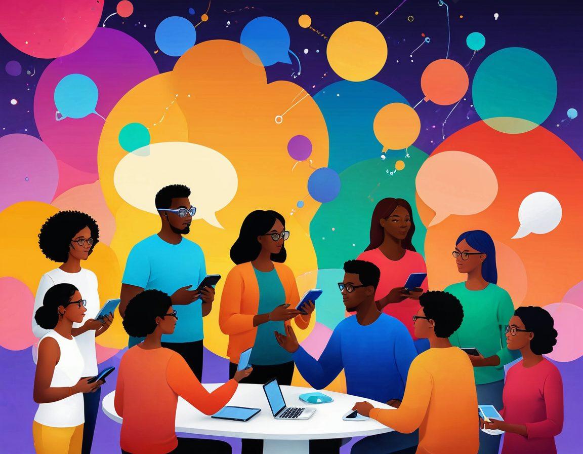 A diverse group of people engaged in animated conversation around digital devices, surrounded by colorful, floating content bubbles representing different media types (videos, articles, podcasts). The background features a vibrant, interconnected digital landscape symbolizing virtual communities. Each individual showcases a different culture and perspective, highlighting inclusivity and innovation. super-realistic. vibrant colors. 3D.