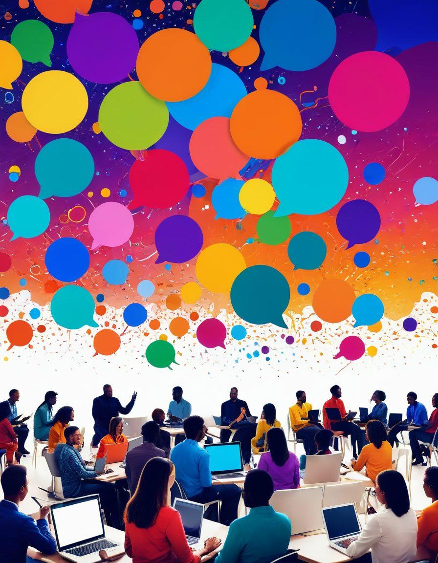 A lively digital landscape depicting diverse people engaging in animated conversations through various devices like laptops and smartphones. Include colorful chat bubbles showcasing vibrant ideas and creative content flow. Incorporate elements like social media icons, community symbols, and a warm atmosphere that invites collaboration. A visually appealing, interconnected network that symbolizes community building. super-realistic. vibrant colors. 3D.